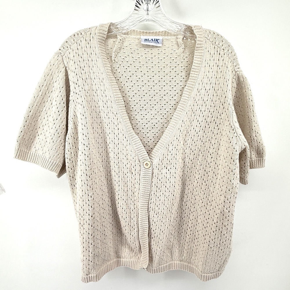 Blair Womens Beige Pointelle Knit Short Sleeve Single Button Cardigan Sweater
